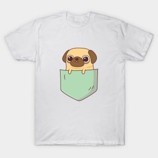 Cute Little Pug In Green Pocket T-Shirt